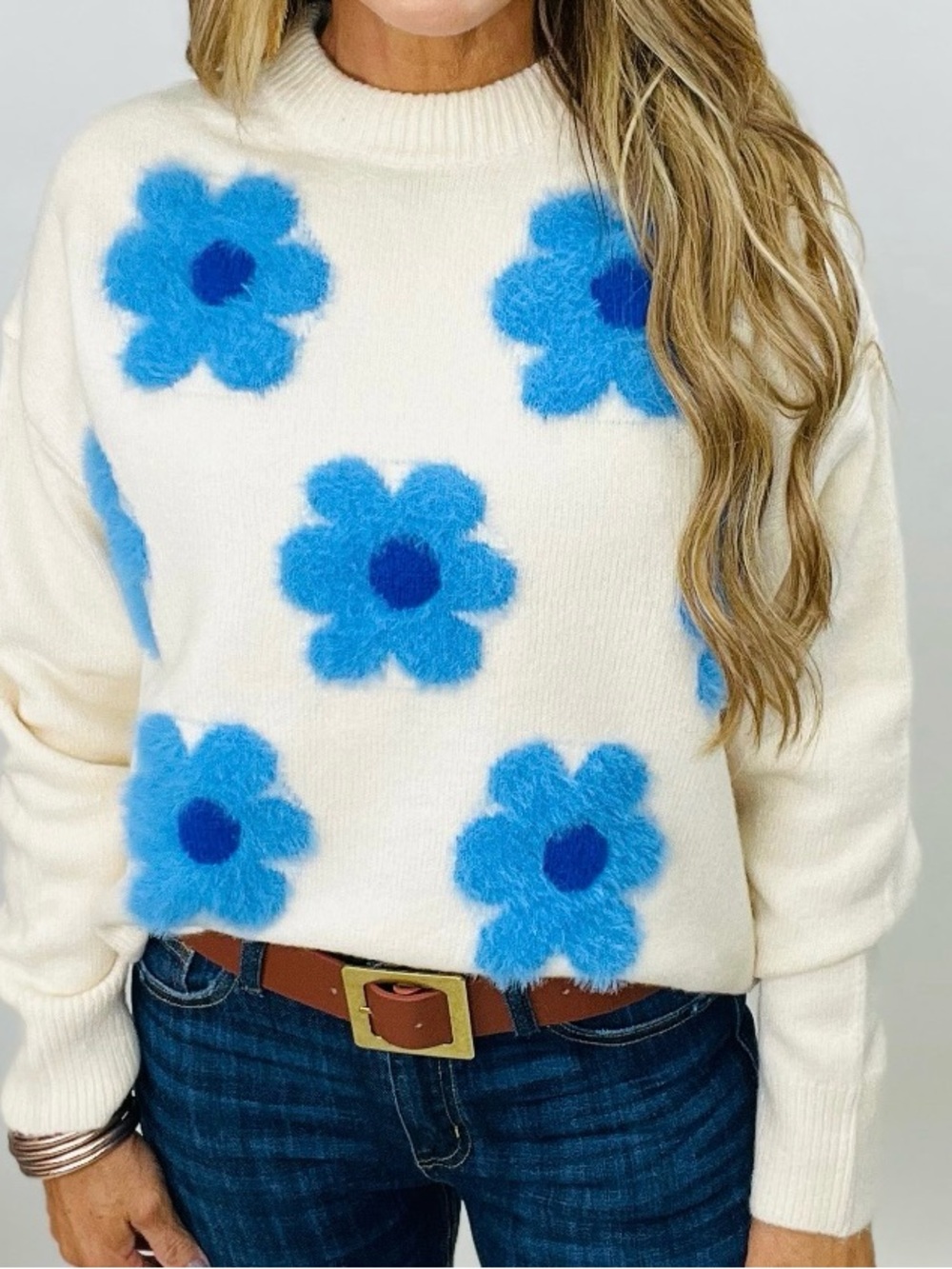easel Cream Crewneck Sweater with Blue Floral Motif